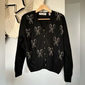 Vintage Karen Scott evening gold ribbon holiday cardigan large embellished beads